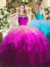 Most Popular Sleeveless Floor Length Beading and Ruffles Zipper Ball Gown Prom Dress with Fuchsia