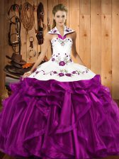  Organza Halter Top Sleeveless Lace Up Embroidery and Ruffles Sweet 16 Dress in Eggplant Purple