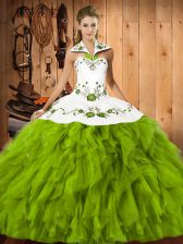  Sleeveless Satin and Organza Floor Length Lace Up Quinceanera Dresses in Olive Green with Embroidery and Ruffles