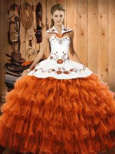 Fantastic Rust Red Lace Up Quinceanera Gown Embroidery and Ruffled Layers Sleeveless Floor Length