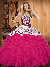  Hot Pink Sweetheart Lace Up Embroidery and Ruffles Quinceanera Gown Sleeveless