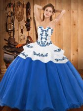 Exquisite Strapless Sleeveless 15th Birthday Dress Floor Length Embroidery Baby Blue Satin and Organza