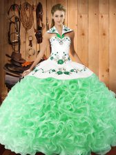  Lace Up Halter Top Embroidery Quinceanera Gown Fabric With Rolling Flowers Sleeveless
