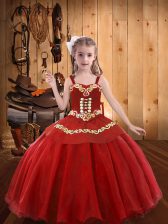 Popular Floor Length Lace Up Girls Pageant Dresses Red for Sweet 16 and Quinceanera with Embroidery and Ruffles
