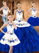 High End Blue And White Lace Up 15 Quinceanera Dress Embroidery and Ruffles Sleeveless Floor Length