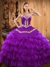 Dynamic Purple Ball Gowns Satin and Organza Sweetheart Sleeveless Embroidery and Ruffled Layers Floor Length Lace Up Sweet 16 Dress