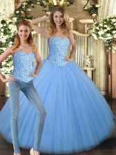 Shining Baby Blue Sleeveless Floor Length Beading Lace Up Quinceanera Dress