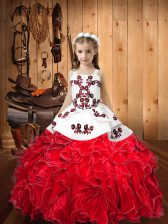  Red Straps Neckline Embroidery and Ruffles Little Girl Pageant Dress Sleeveless Lace Up