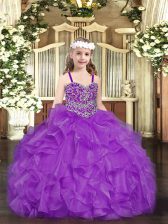 Graceful Purple Straps Neckline Beading and Ruffles Pageant Gowns Sleeveless Lace Up