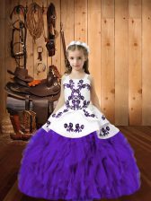 Trendy Eggplant Purple Straps Lace Up Embroidery and Ruffles Little Girl Pageant Dress Sleeveless