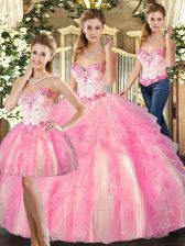  Rose Pink Ball Gowns Beading and Ruffles 15th Birthday Dress Lace Up Organza Sleeveless Floor Length