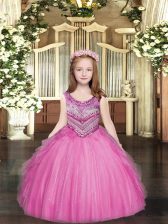  Rose Pink Scoop Lace Up Beading and Ruffles Little Girls Pageant Dress Sleeveless