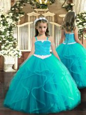  Aqua Blue Ball Gowns Appliques and Ruffles Winning Pageant Gowns Lace Up Tulle Sleeveless Floor Length