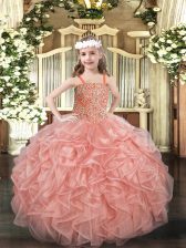  Pink Ball Gowns Organza Straps Sleeveless Beading and Ruffles Floor Length Lace Up Pageant Gowns For Girls
