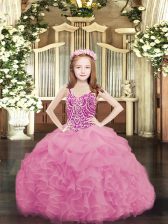 Excellent Rose Pink Lace Up Pageant Dresses Beading and Ruffles and Pick Ups Sleeveless Floor Length