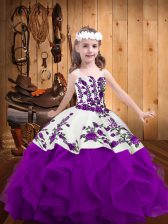  Purple Organza Lace Up Girls Pageant Dresses Sleeveless Floor Length Embroidery and Ruffles