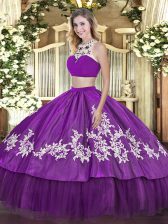  High-neck Sleeveless Quinceanera Dress Floor Length Beading and Appliques and Ruffles Purple Tulle