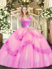  Rose Pink Zipper 15th Birthday Dress Beading and Appliques Sleeveless Floor Length