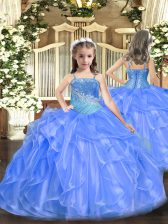  Sleeveless Organza and Sequined Floor Length Lace Up Pageant Dress for Teens in Blue with Ruffles and Sequins