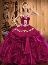 Colorful Embroidery and Ruffles Quinceanera Dress Fuchsia Lace Up Sleeveless Floor Length