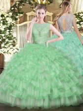  Apple Green Backless Ball Gown Prom Dress Beading and Ruffled Layers Sleeveless Floor Length