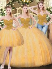 Fine Gold Ball Gowns Sweetheart Sleeveless Tulle Floor Length Lace Up Beading and Ruffles Quinceanera Gown