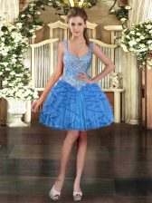 Custom Fit Baby Blue Tulle Lace Up Straps Sleeveless Mini Length Prom Dresses Beading and Ruffles