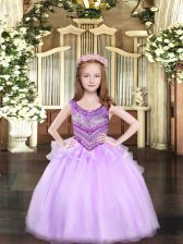 Perfect Lilac Sleeveless Floor Length Beading Lace Up Pageant Gowns For Girls