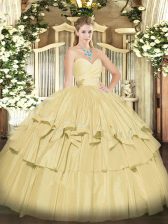 Luxury Champagne Taffeta Lace Up Sweetheart Sleeveless Floor Length Quinceanera Dress Beading and Ruffled Layers