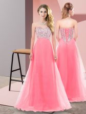 Low Price Watermelon Red Tulle Lace Up Sweetheart Sleeveless Floor Length Quinceanera Court of Honor Dress Beading