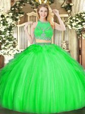  Green Sleeveless Tulle Zipper Quinceanera Gown for Military Ball and Sweet 16 and Quinceanera