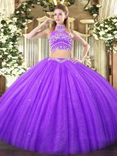  High-neck Sleeveless Quinceanera Gowns Floor Length Beading Lavender Tulle