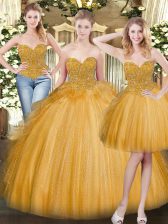  Gold Sleeveless Floor Length Beading and Ruffles Lace Up Quinceanera Dresses