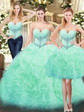  Organza Sweetheart Sleeveless Lace Up Beading and Ruffles 15th Birthday Dress in Apple Green