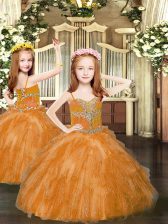 High Class Rust Red Tulle Lace Up Girls Pageant Dresses Sleeveless Floor Length Beading and Ruffles