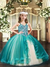Top Selling Teal Lace Up Straps Beading Little Girls Pageant Gowns Tulle Sleeveless
