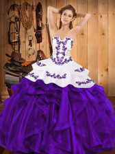  Satin and Organza Strapless Sleeveless Lace Up Embroidery and Ruffles Sweet 16 Quinceanera Dress in Purple