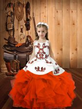  Straps Sleeveless Little Girls Pageant Gowns Floor Length Embroidery Orange Red Organza