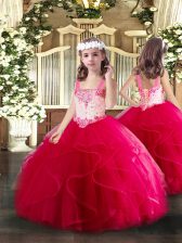  Hot Pink Ball Gowns Tulle Straps Sleeveless Beading and Ruffles Floor Length Lace Up Child Pageant Dress