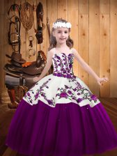 Nice Sleeveless Floor Length Embroidery Lace Up Little Girl Pageant Dress with Eggplant Purple