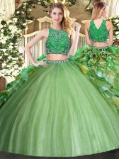 Luxurious Olive Green Sleeveless Tulle Zipper Quinceanera Dress for Military Ball and Sweet 16 and Quinceanera