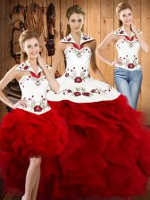 Perfect Wine Red Halter Top Neckline Embroidery and Ruffles 15 Quinceanera Dress Sleeveless Lace Up