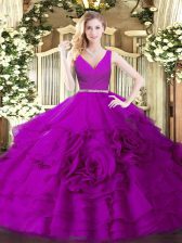 Super Fuchsia Ball Gowns V-neck Sleeveless Fabric With Rolling Flowers Floor Length Zipper Beading Quinceanera Dress