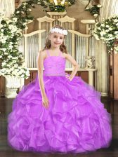 Lavender Sleeveless Organza Zipper Little Girls Pageant Gowns for Party and Quinceanera