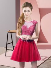 Decent Hot Pink Two Pieces Scoop Sleeveless Tulle Mini Length Zipper Appliques Prom Evening Gown