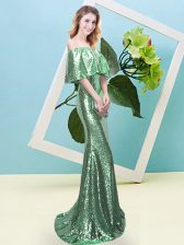  Turquoise Short Sleeves Floor Length Sequins Zipper Prom Gown