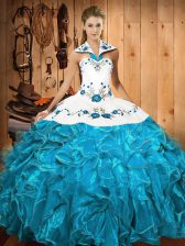 Fantastic Baby Blue Ball Gowns Satin and Organza Halter Top Sleeveless Embroidery and Ruffles Floor Length Lace Up Quince Ball Gowns