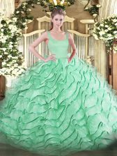 Pretty Straps Sleeveless Brush Train Zipper Ball Gown Prom Dress Apple Green Organza