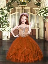  Rust Red Kids Formal Wear Party with Beading and Ruffles Spaghetti Straps Sleeveless Lace Up