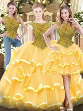 Flare Floor Length Zipper Quinceanera Gown Gold for Military Ball and Sweet 16 and Quinceanera with Beading and Ruffled Layers